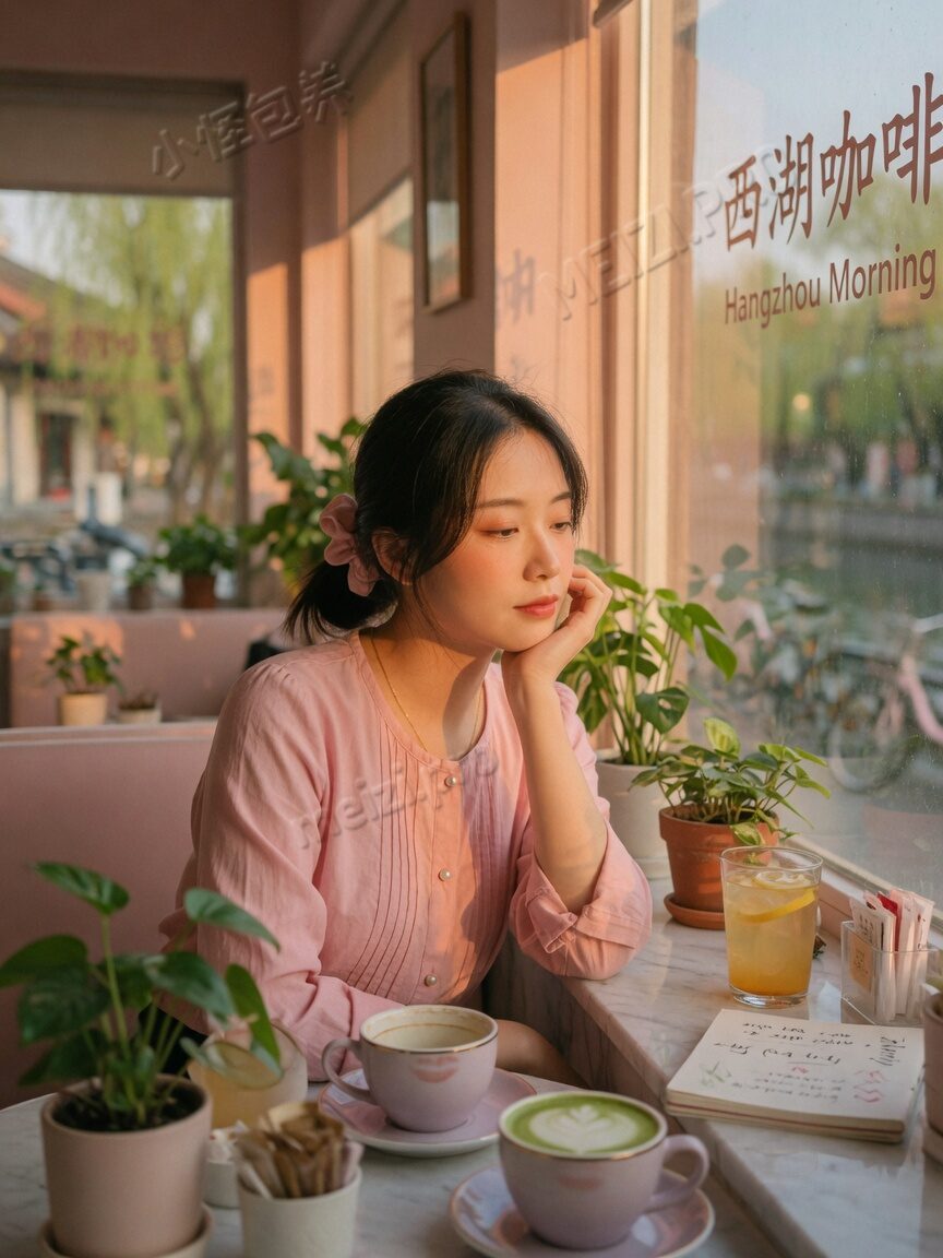 咖啡馆窗边，安静坐着的女生写真