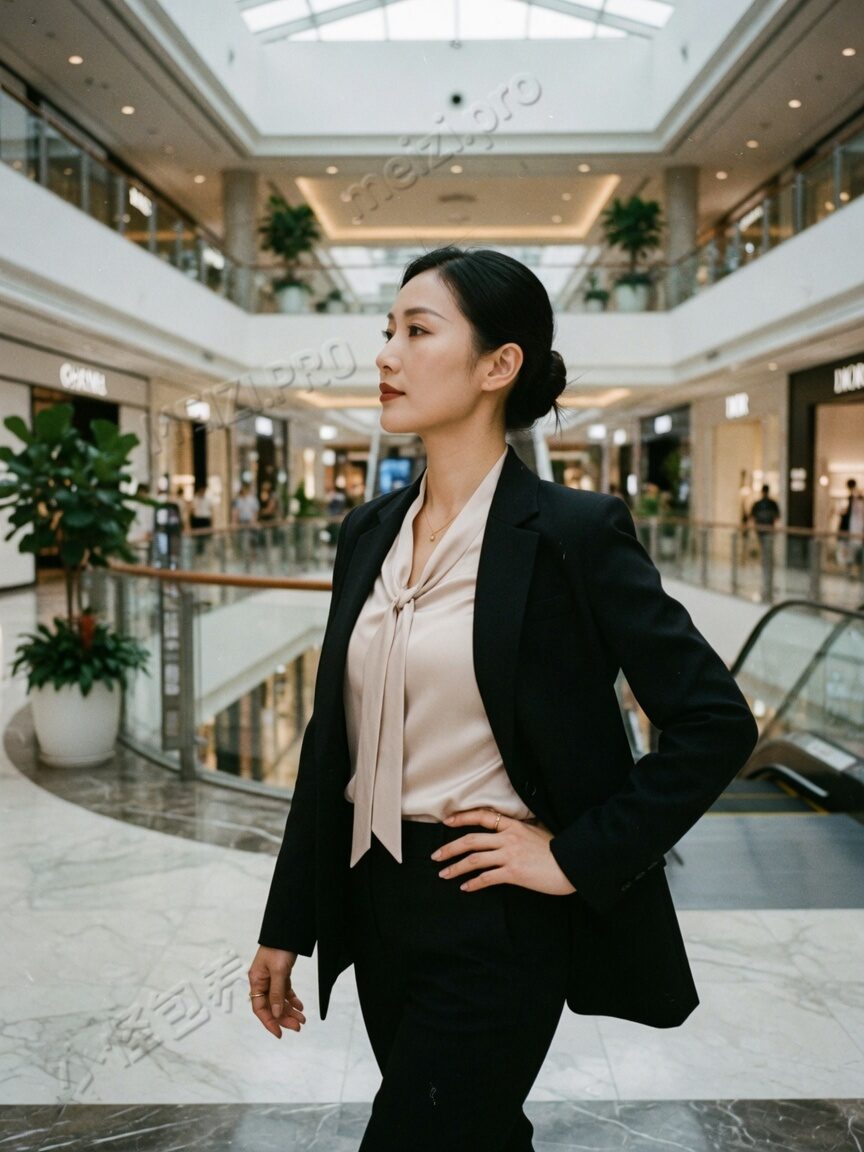 商场中庭侧身走路的职场感写真，插腰步伐干脆