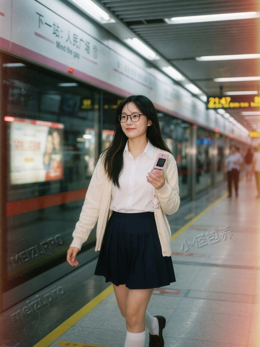 地铁站走路 pose 的学生气质写真