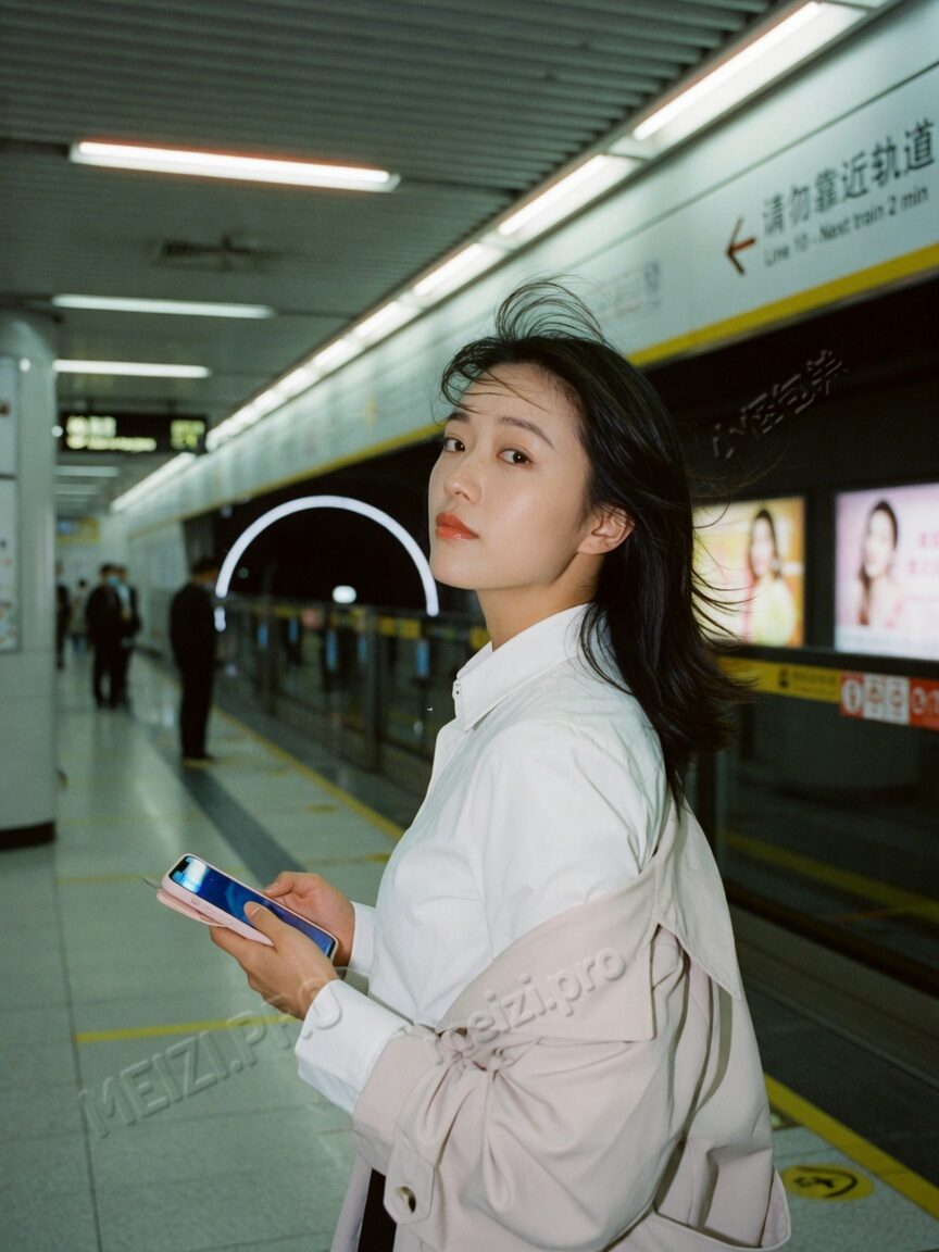 地铁站回望的女生都市写真,小红书胶片质感