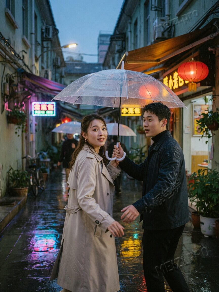 雨巷里差一点牵上的手:共享伞下的 candid couple