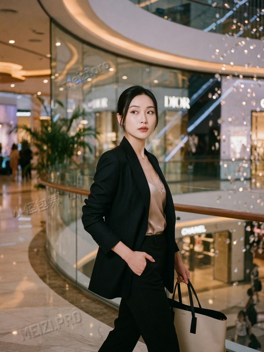 职场气质：商场回廊侧身回眸走路