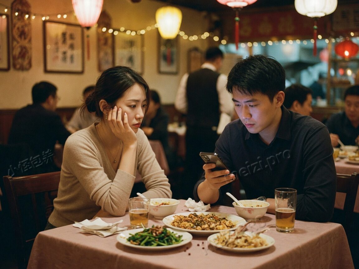 餐厅约会,女生托腮看向对面、男生低头看手机的情侣 pose,小红书胶片感
