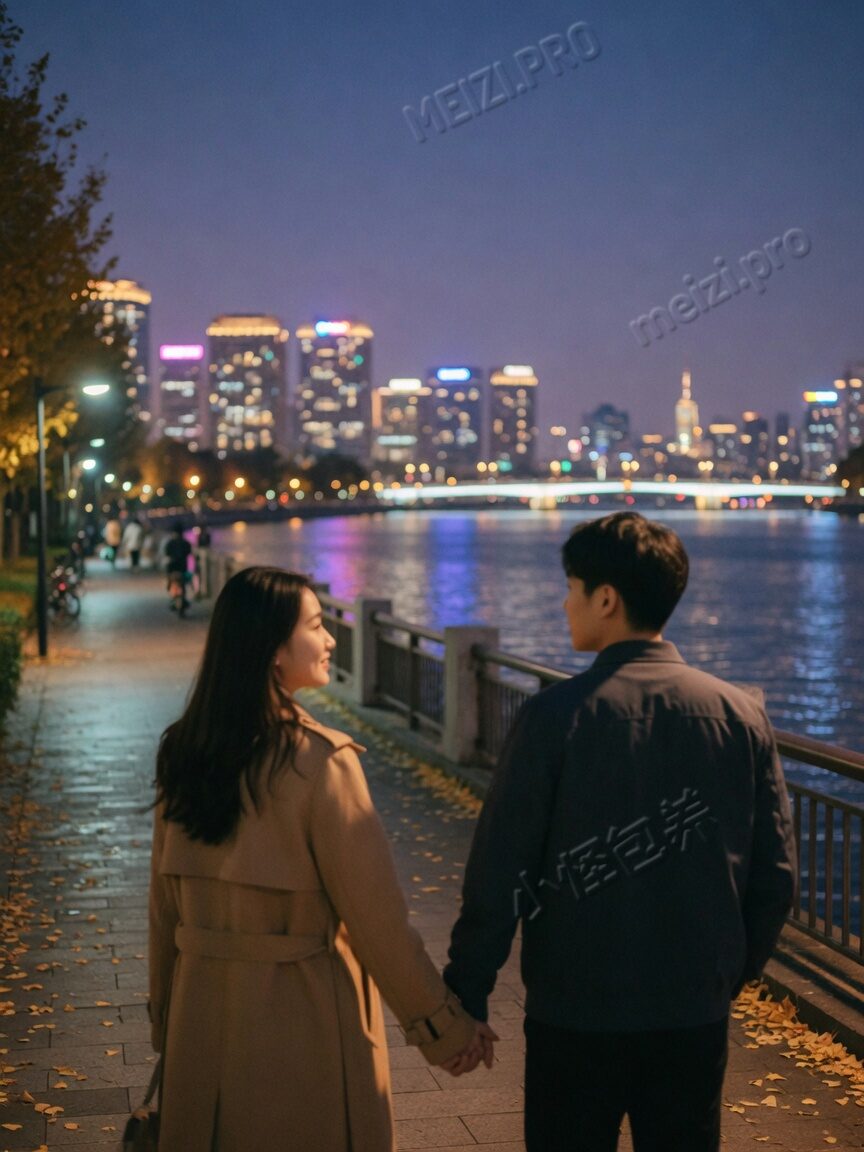 情侣牵手夜景:河滨步道并肩而行