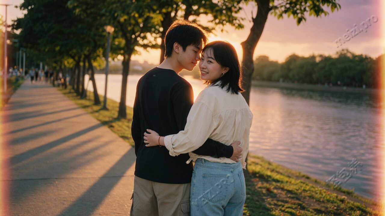 黄昏河边背后环抱的情侣pose,85mm胶片街拍
