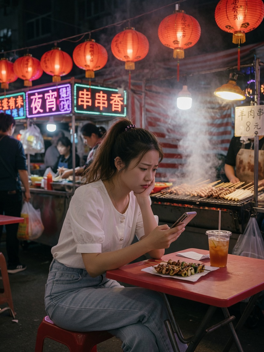 夜市摊边刷手机的出神瞬间