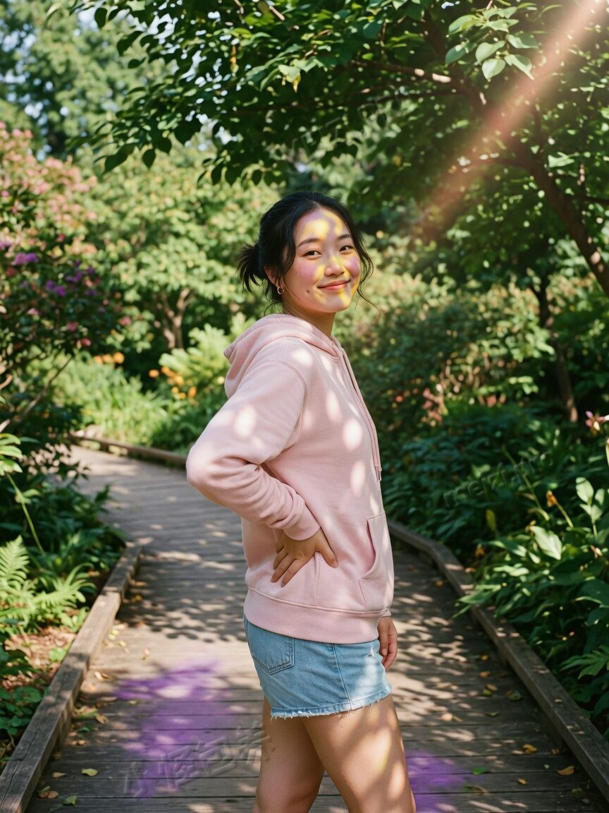 植物园木栈道插腰站立写真