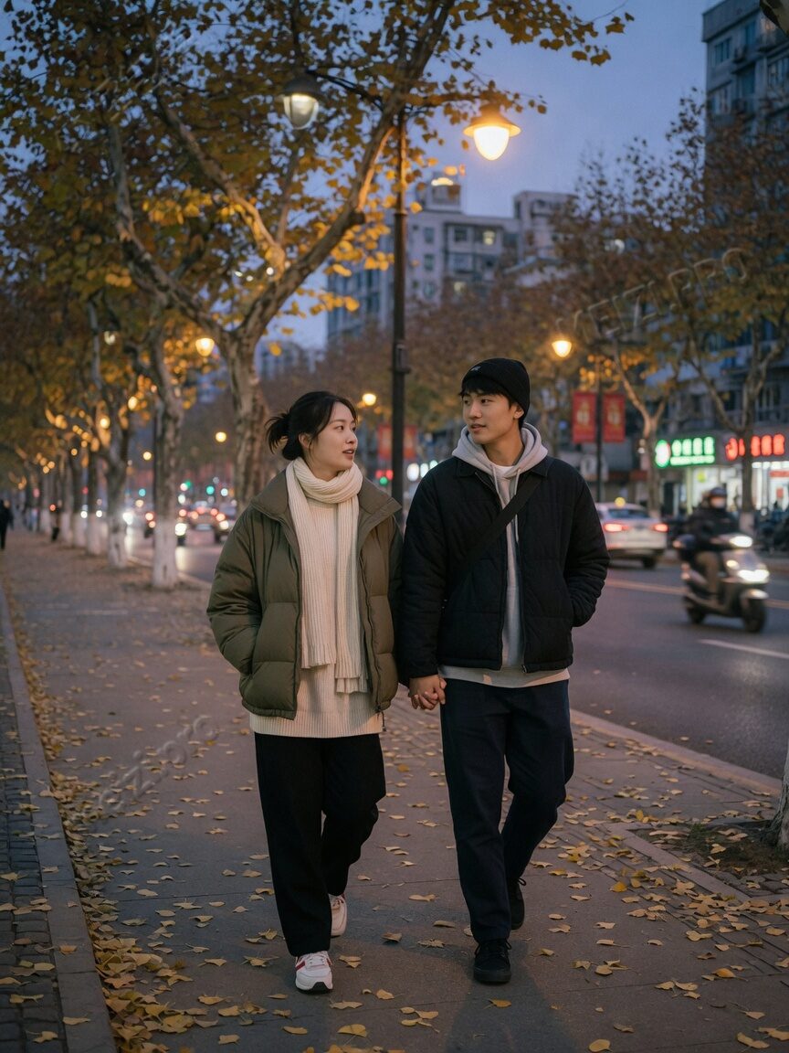 夜色街拍牵手情侣pose,小红书胶片风