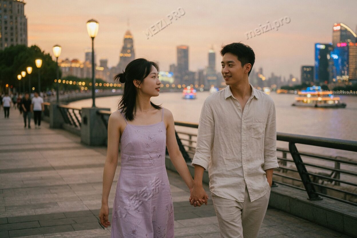 滨江步道上，情侣松松牵手，傍晚城市光刚亮起来