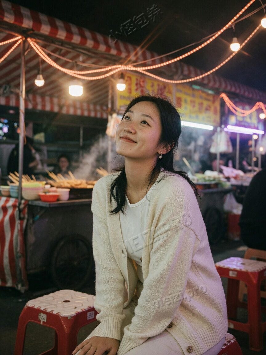 夜市灯下侧脸的女生写真
