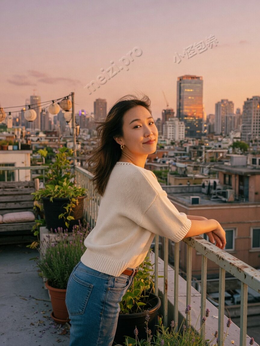 天台黄昏回望镜头的女生写真
