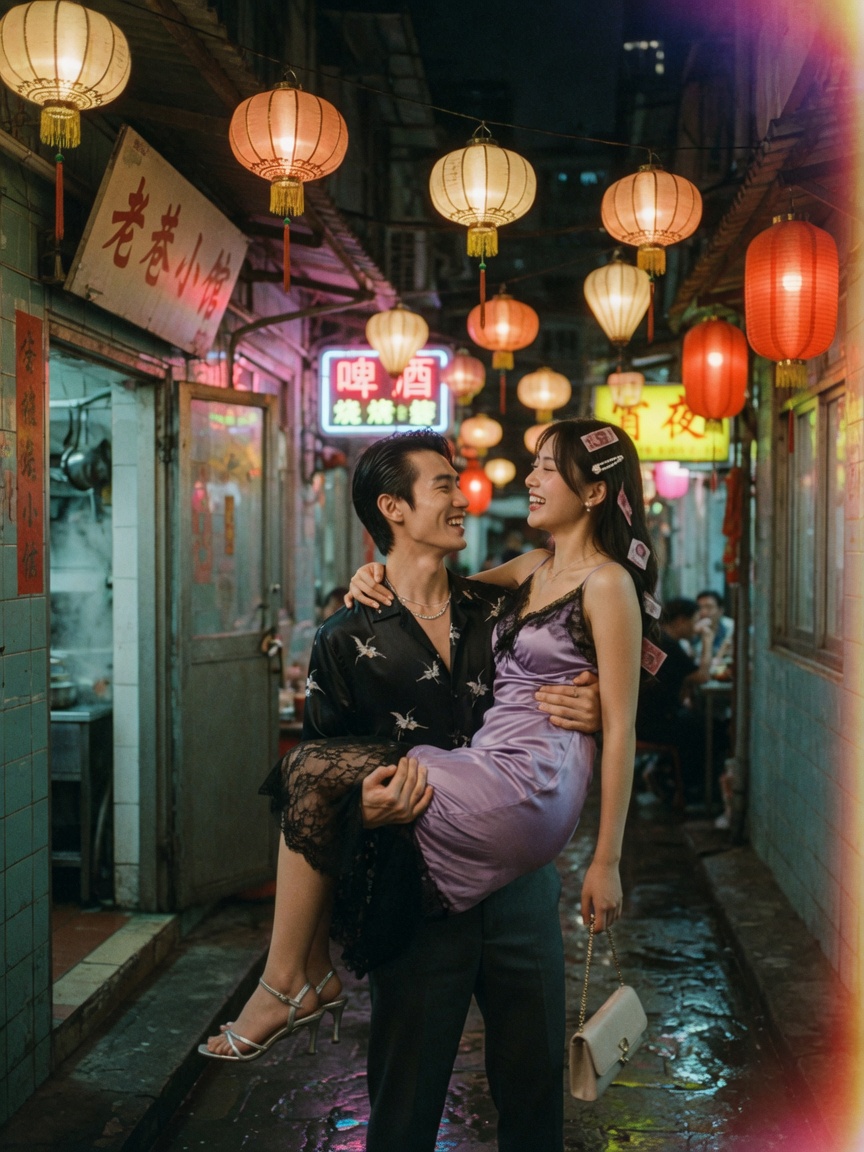 夜巷公主抱的轻松亲密瞬间