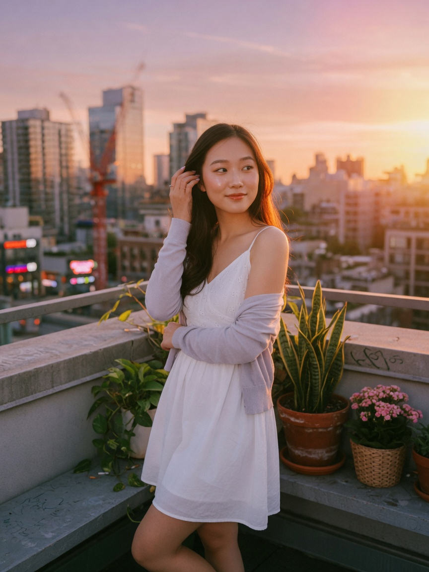 天台金色时刻侧身回望的女生写真,85mm浅景深