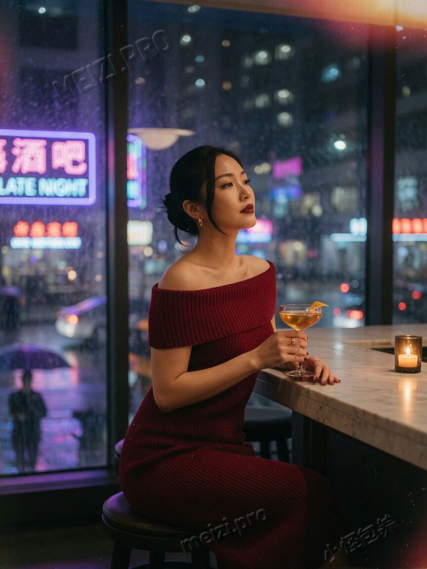 夜景餐厅吧台侧脸,御姐感