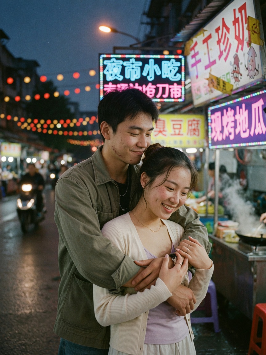 夜色里背后环抱的情侣