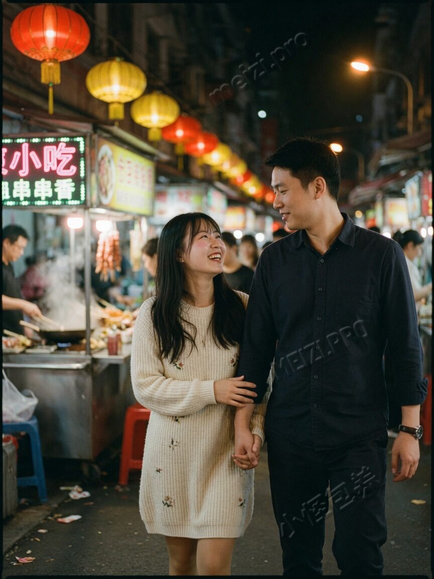 夜市灯下牵手并肩