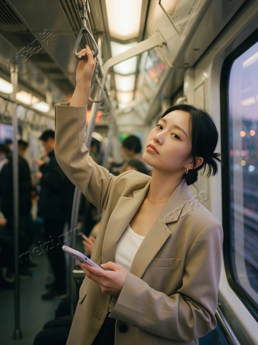 地铁晚高峰里的审视感:侧身扶杆,目光掠过镜头