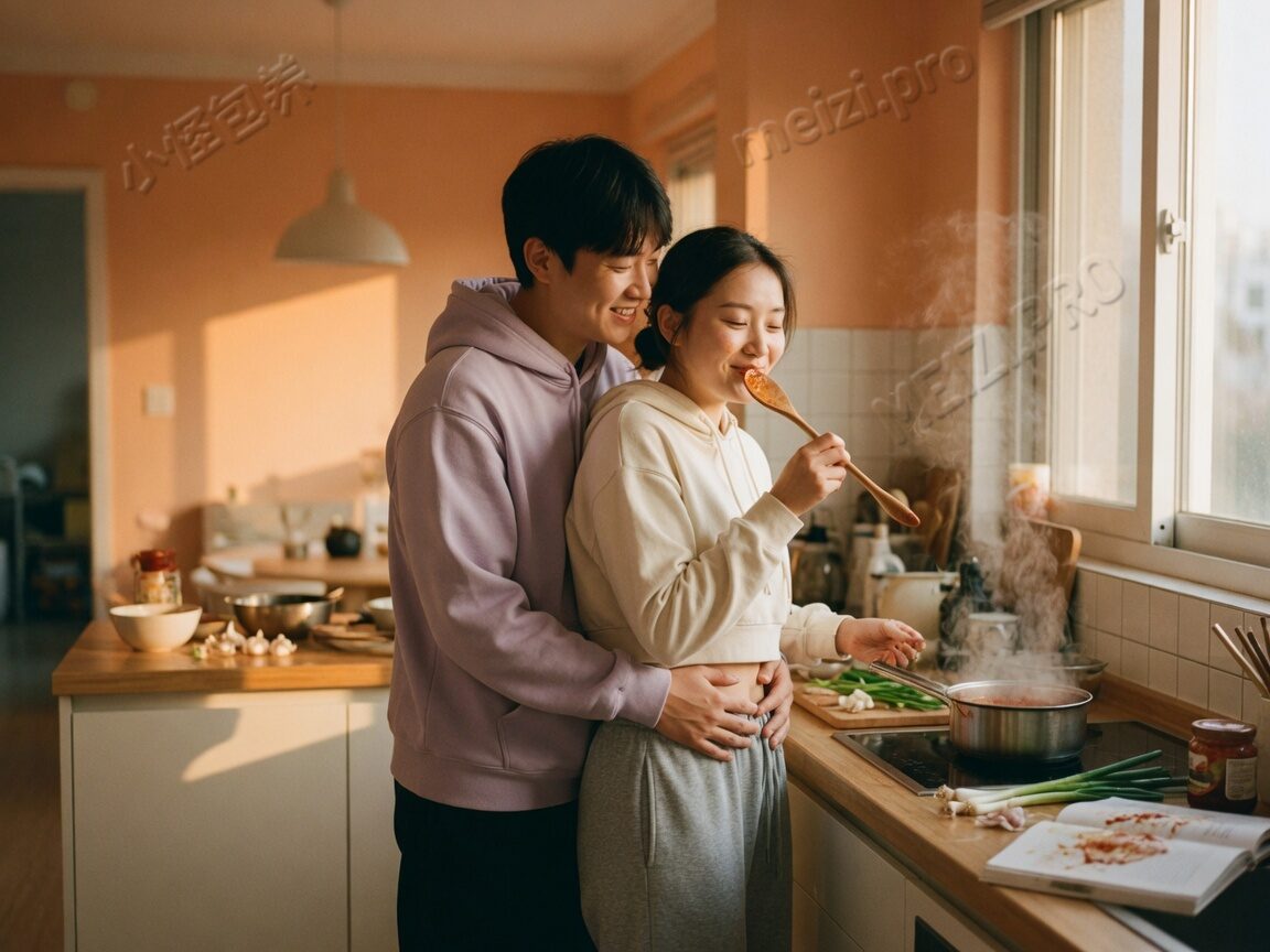 厨房里背后抱的情侣 pose,窗边暖光与生活感