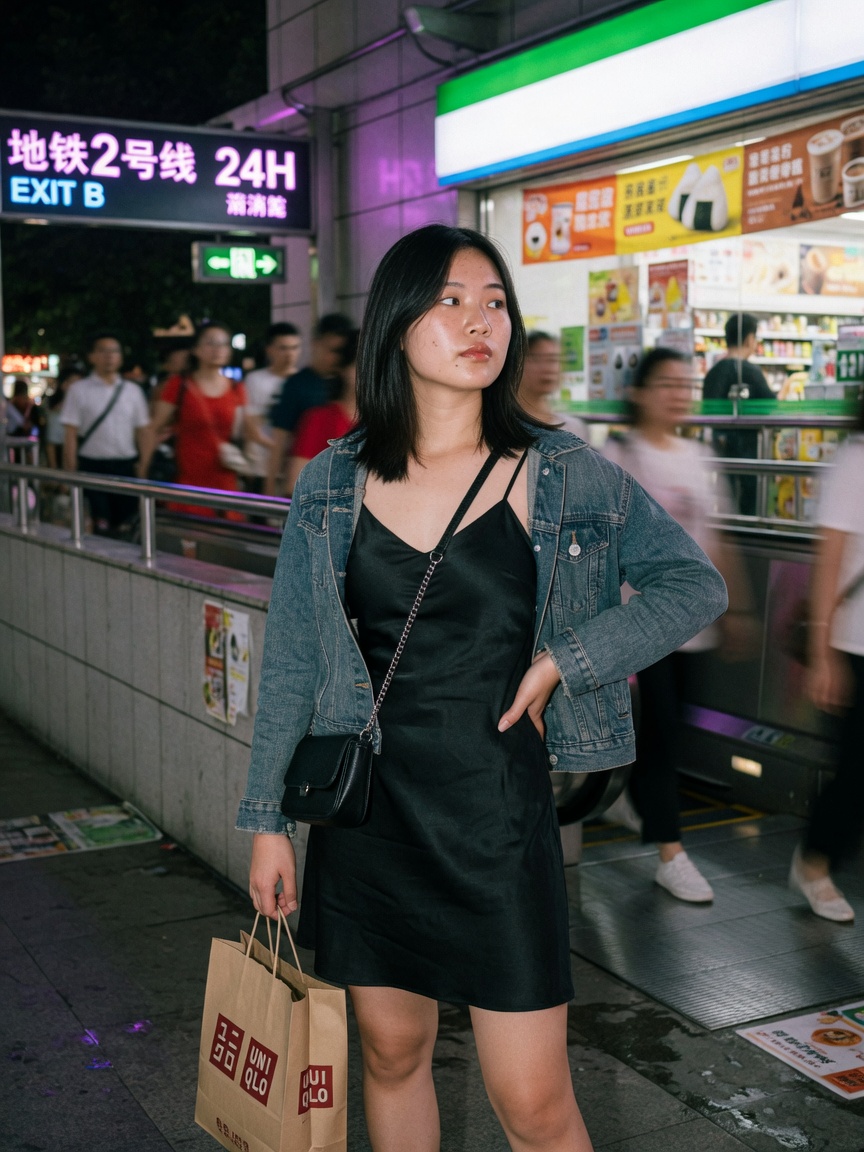 地铁口夜色里插腰回眸