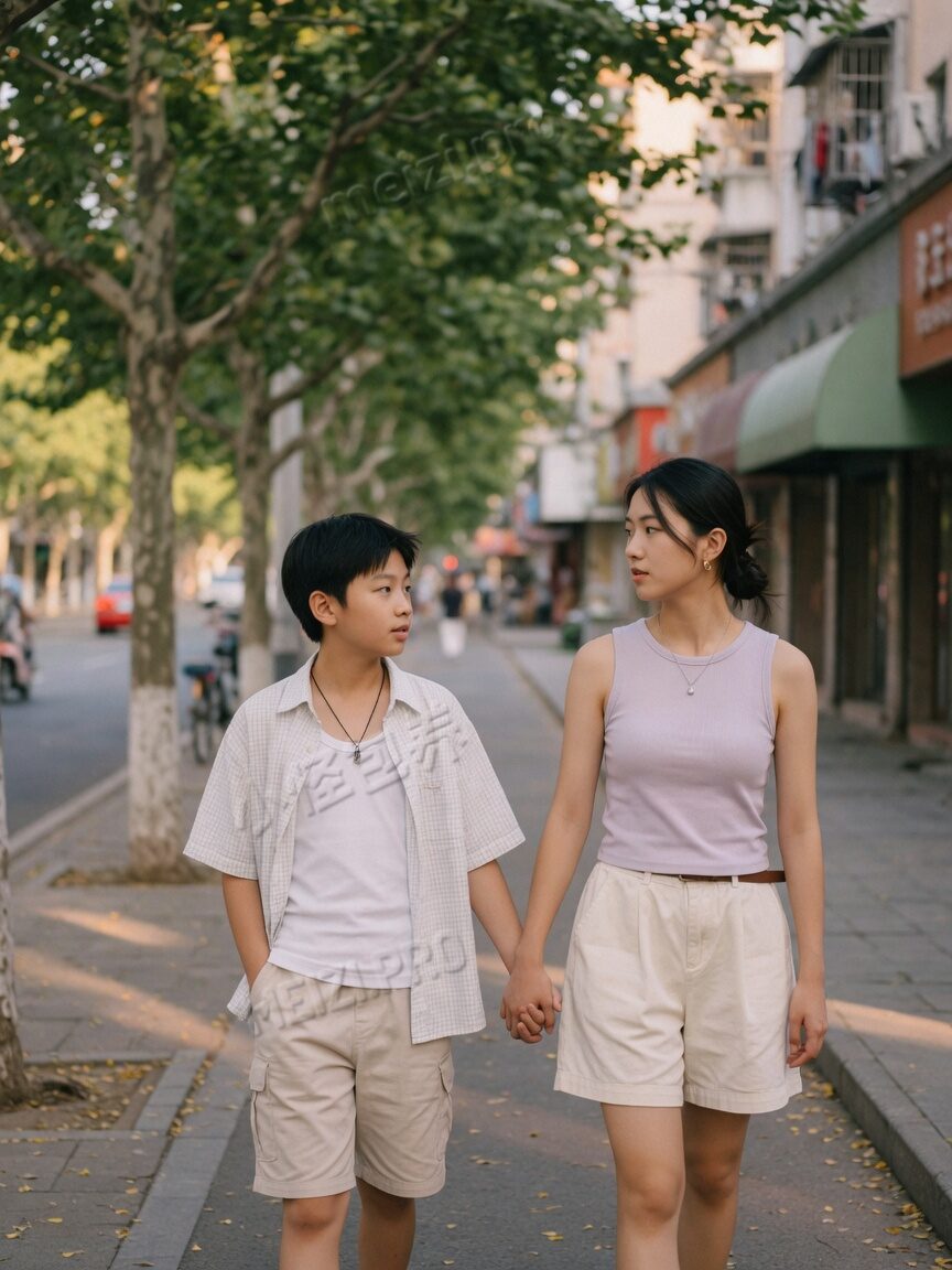 牵手走在林荫道上的情侣街拍, candid 胶片质感