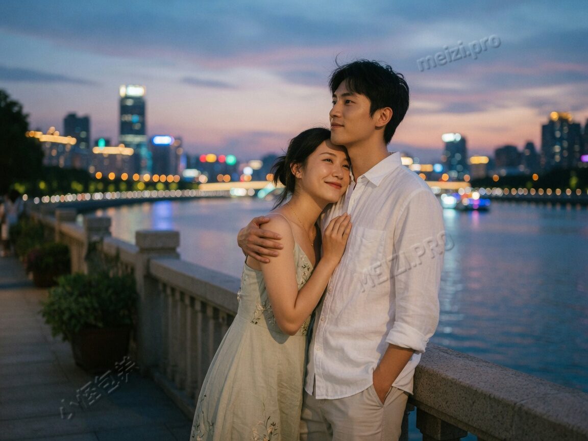 河边散步的背拥合影