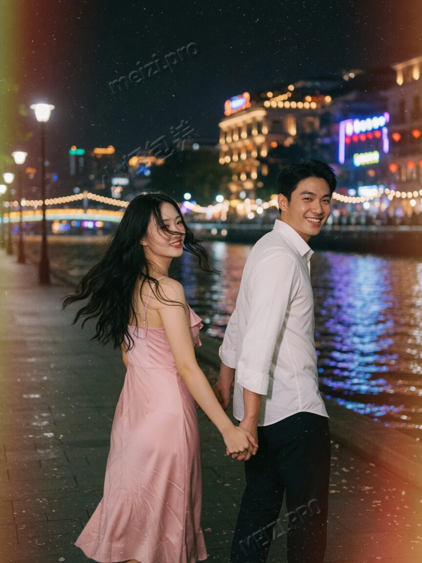 江边夜景牵手的情侣pose