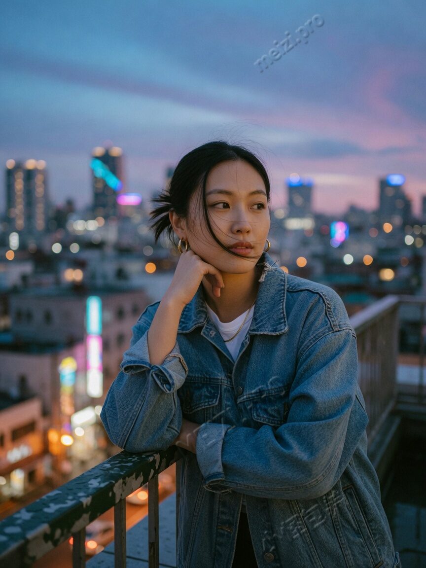 天台栏杆边望向城市夜色的女生