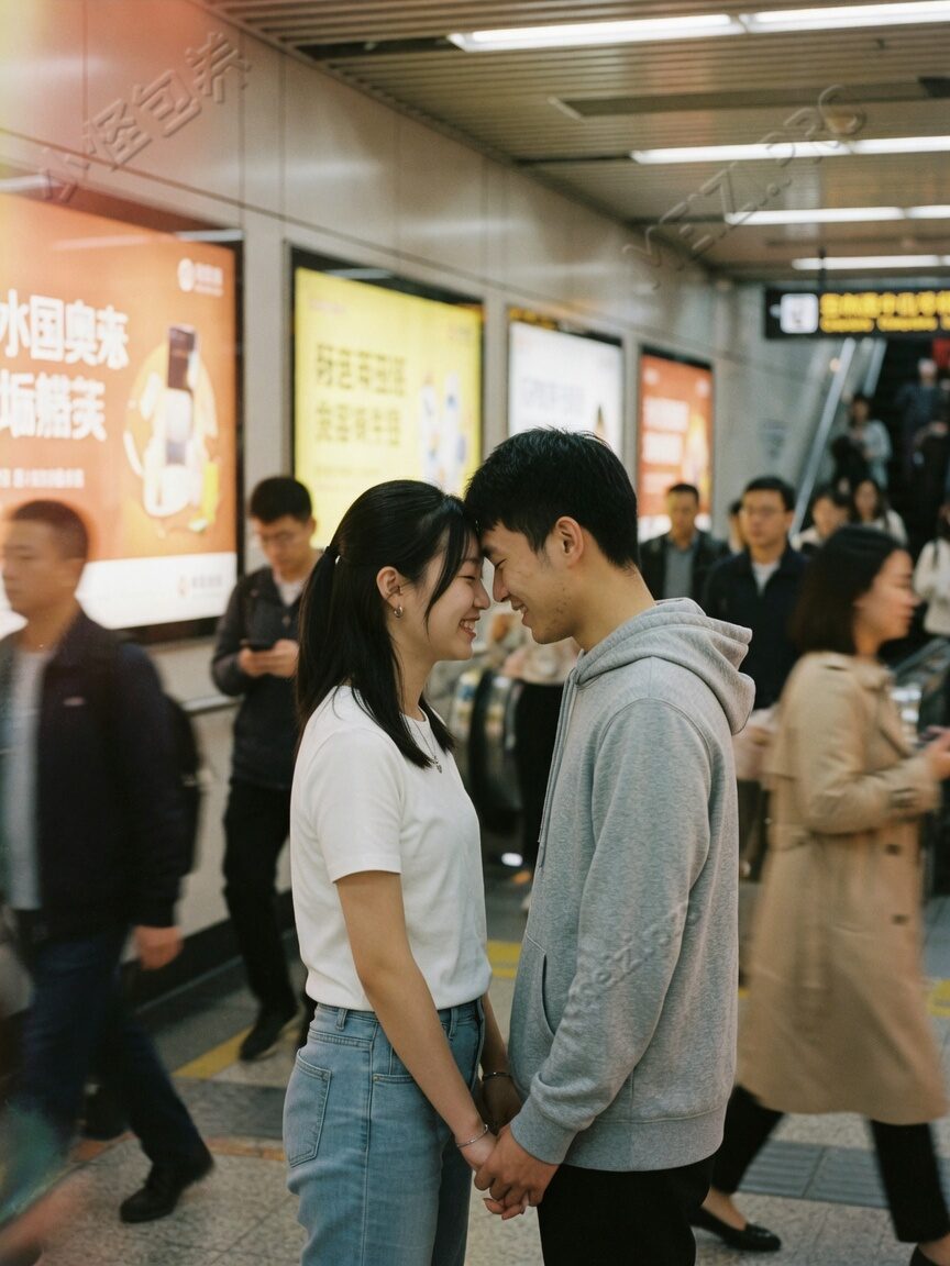 地铁通道额头相抵牵手，都市暖光胶片感