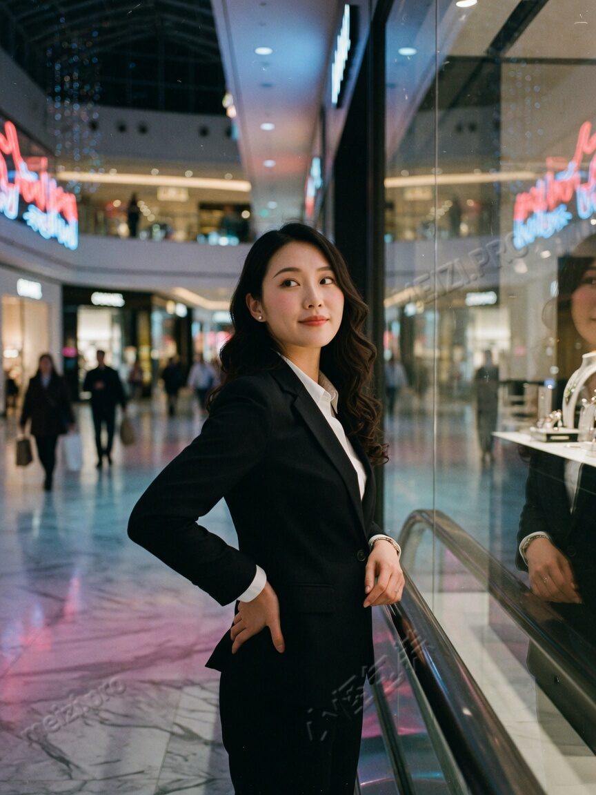 商场扶梯旁插腰侧脸·职场感写真