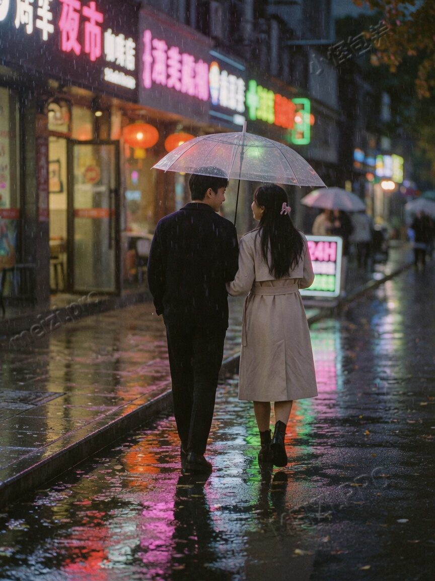 雨夜牵手共撑伞的情侣背影