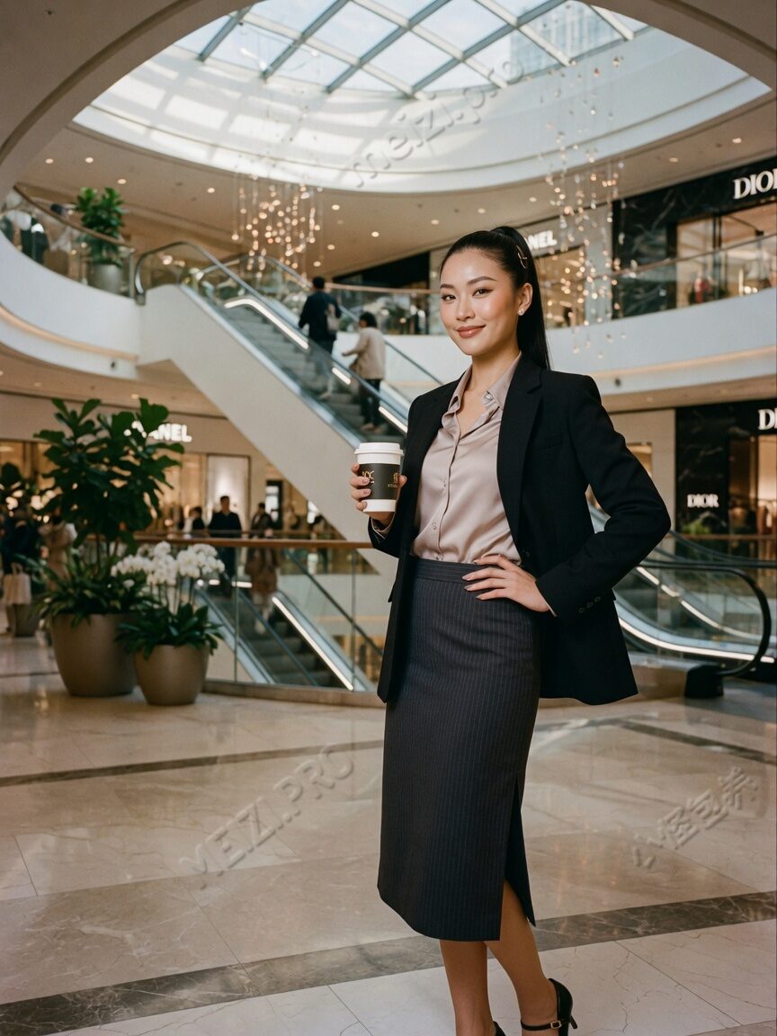 商场写真:职场感女生单手插腰手持咖啡