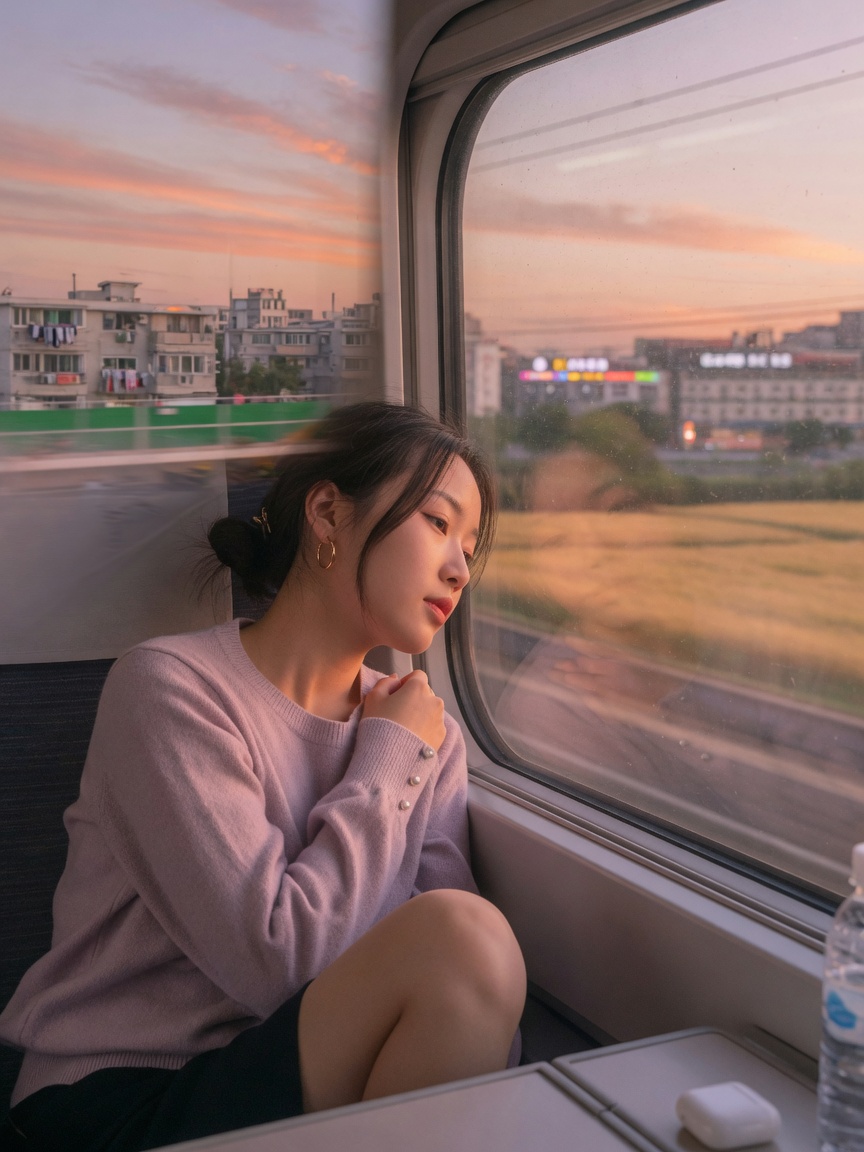 高铁窗边侧坐回望的女生pose
