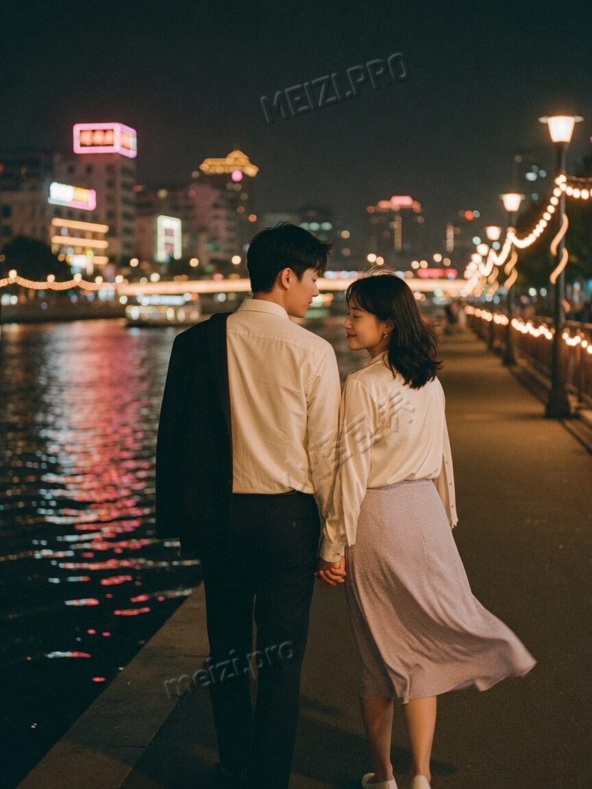 江边夜景牵手并肩·情侣 pose