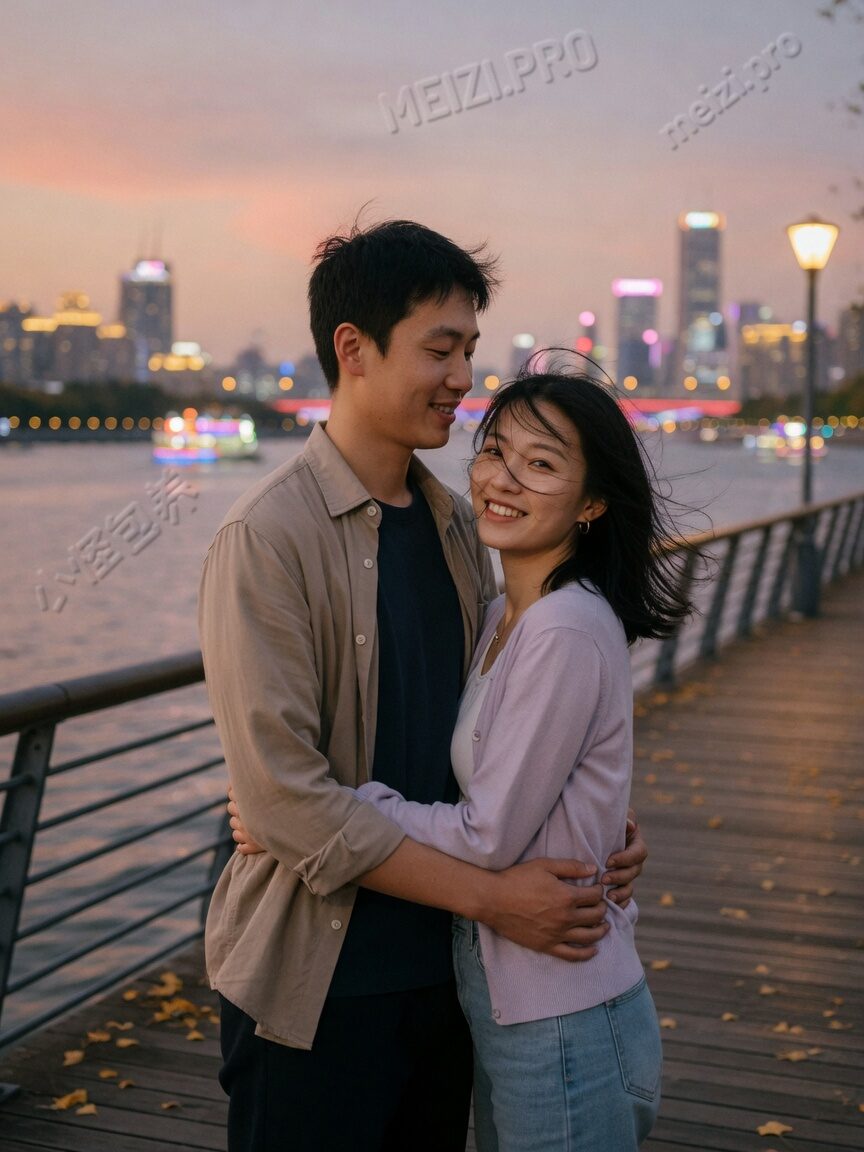 江边背后抱的情侣街拍,黄昏 85mm