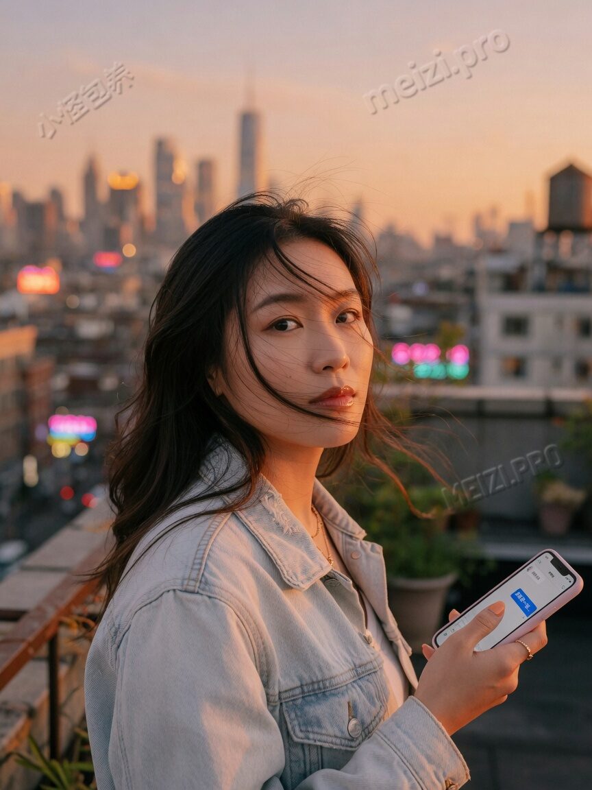 天台回望准备发消息的女生写真