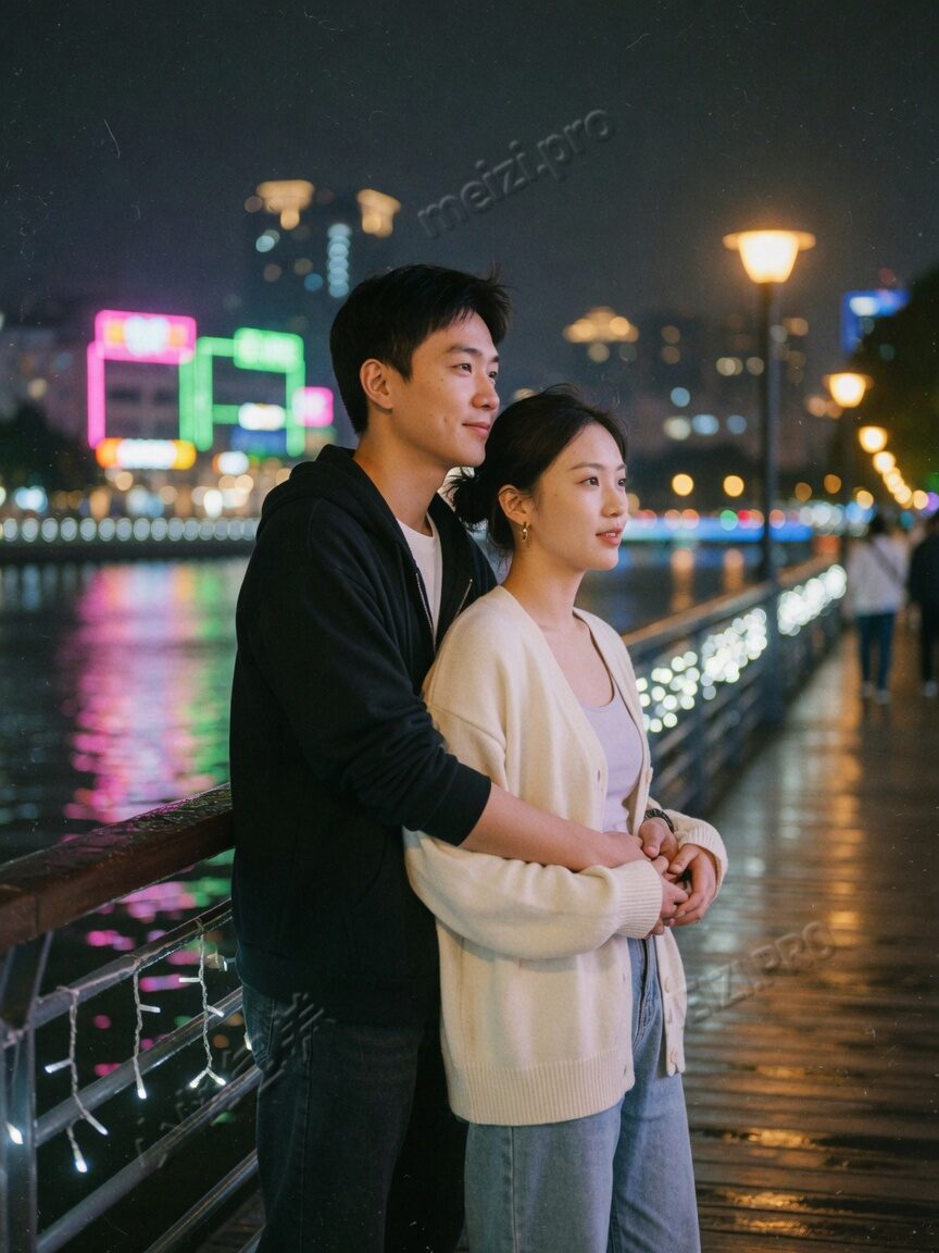 夜景河边情侣背后抱，胶片虚化灯光