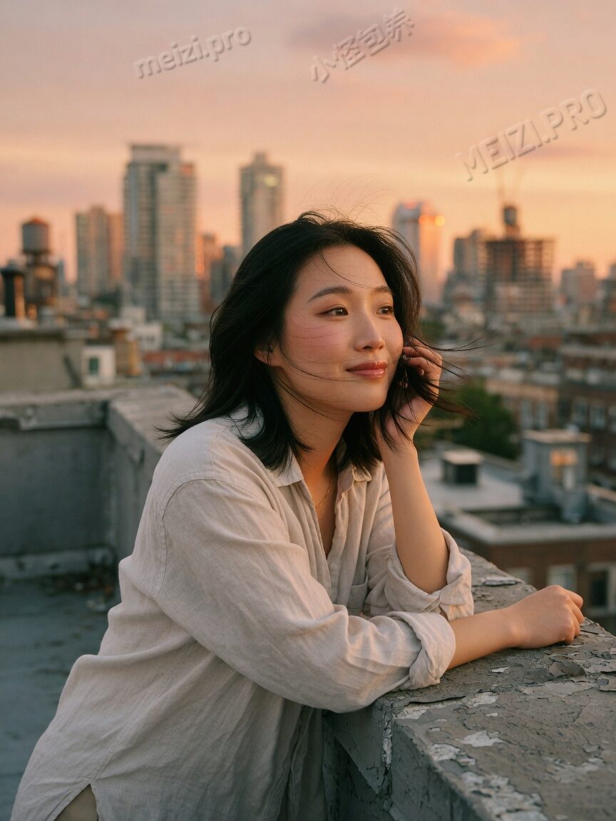 天台风里望向城市的女生