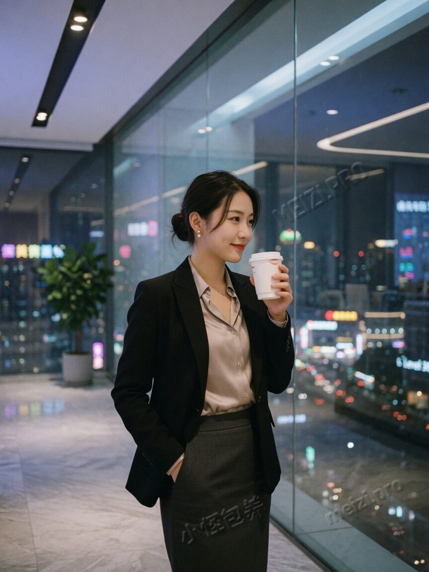 职场气质女生夜景侧脸写真，胶片感