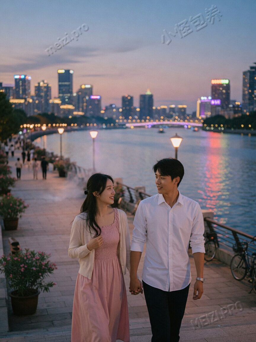 江边暮色并肩牵手的街拍