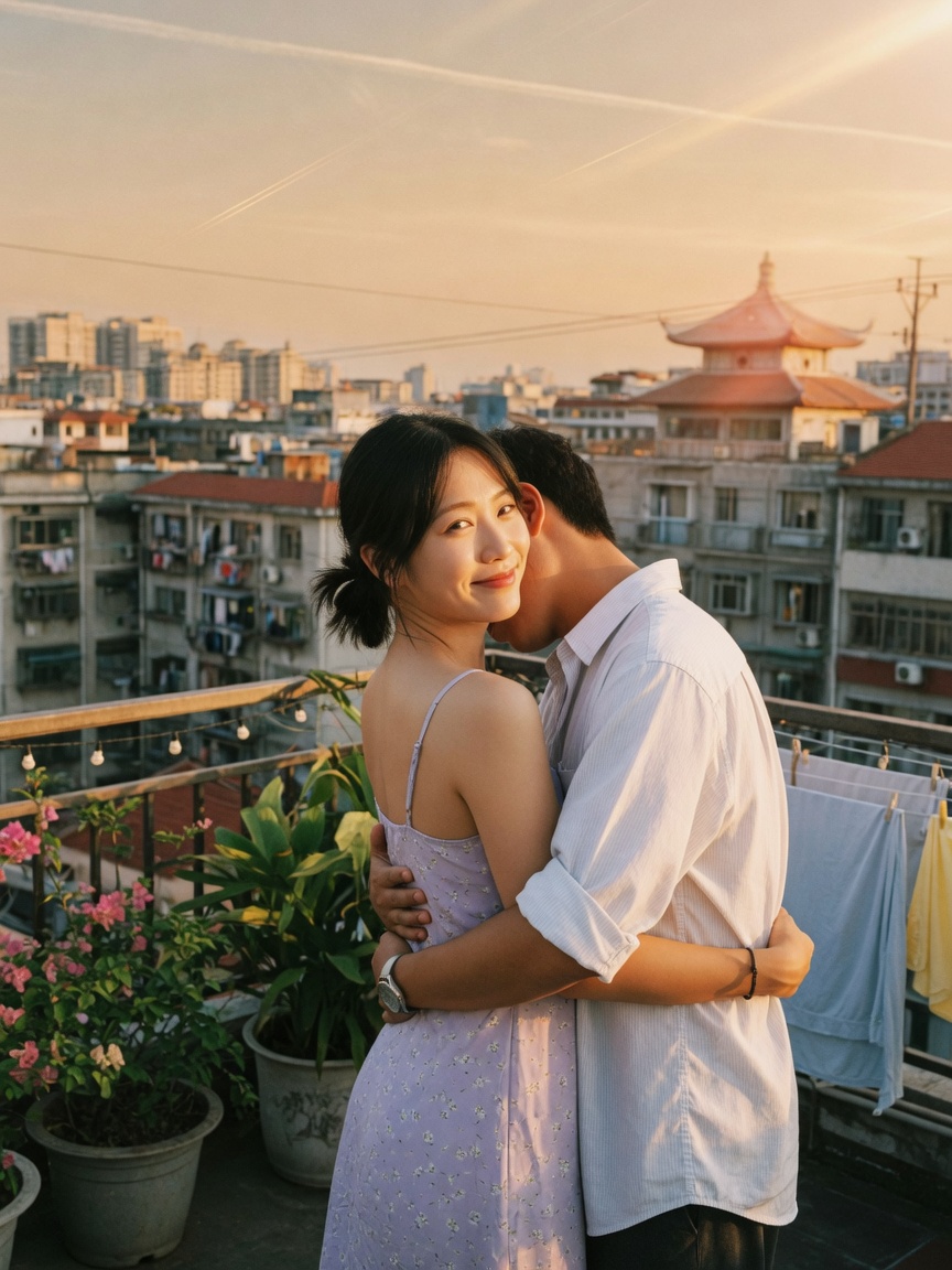 天台背后抱情侣pose 金时胶片