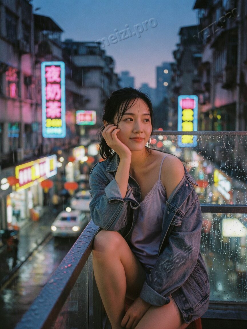 夜色阳台沉思的女生写真,小红书胶片感