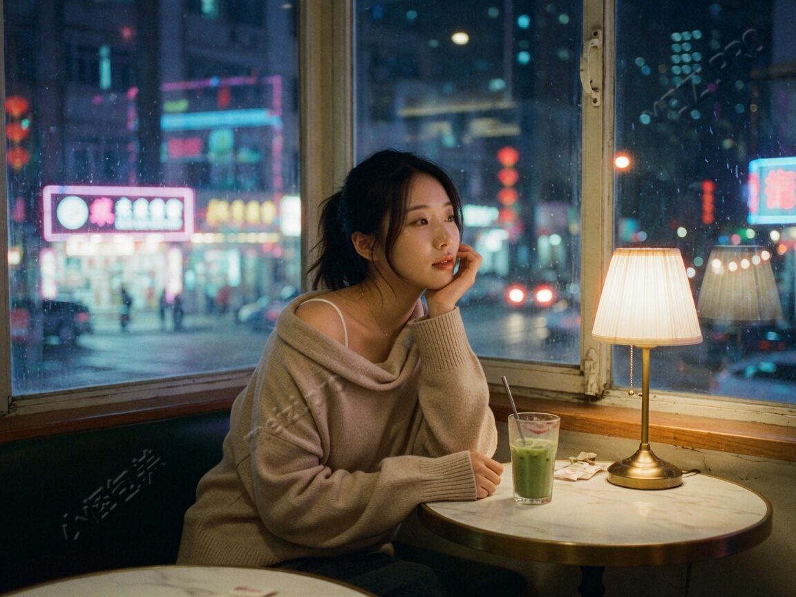 咖啡馆窗边,女生侧脸望向夜色