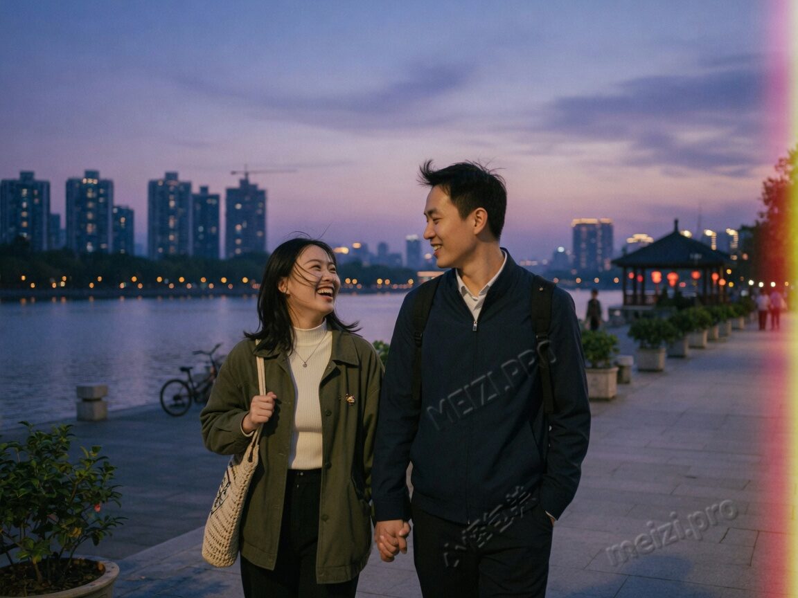黄昏江边牵手