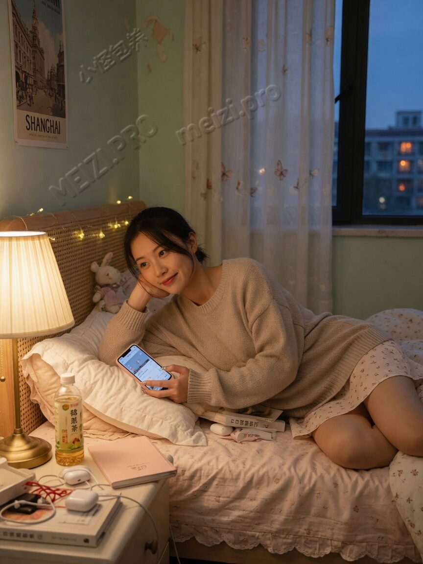 卧室里举着手机的线上聊天姿态