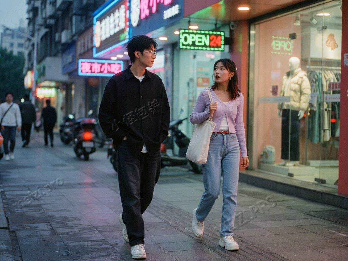 夜色街拍,步伐错开的 candid couple pose,85mm 胶片