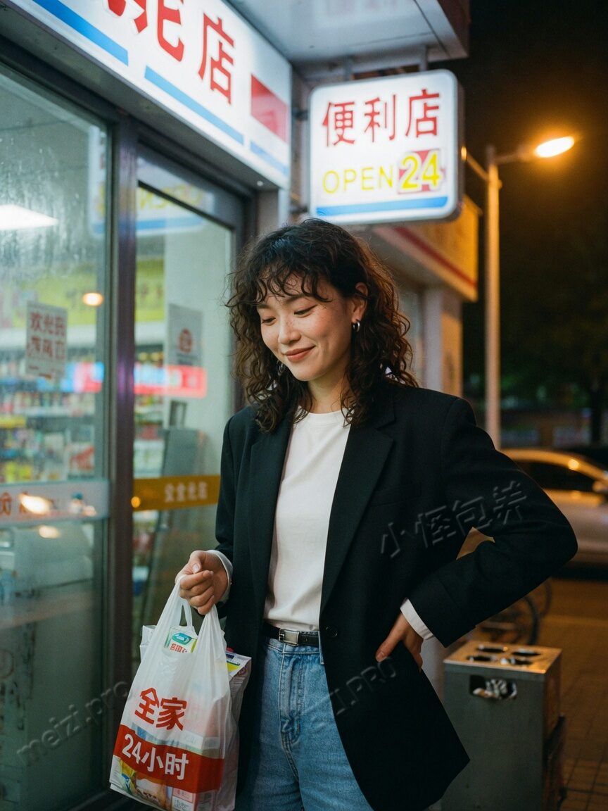 便利店灯箱前,她单手插腰拎袋回神