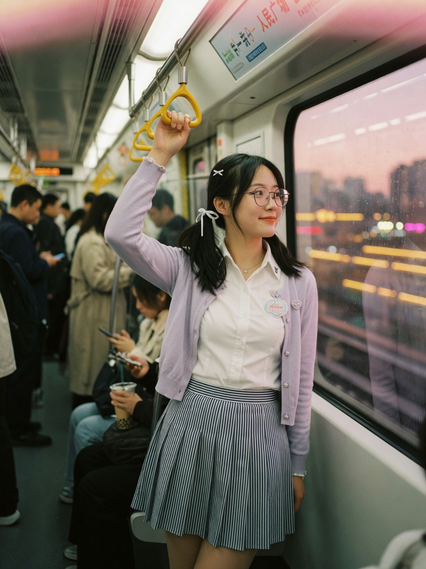 甜美学生气·地铁车厢侧影