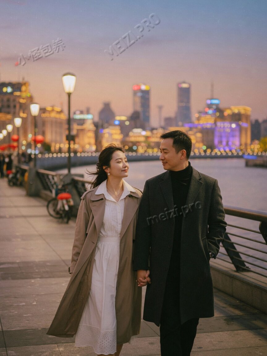 情侣pose:江边黄昏并肩牵手
