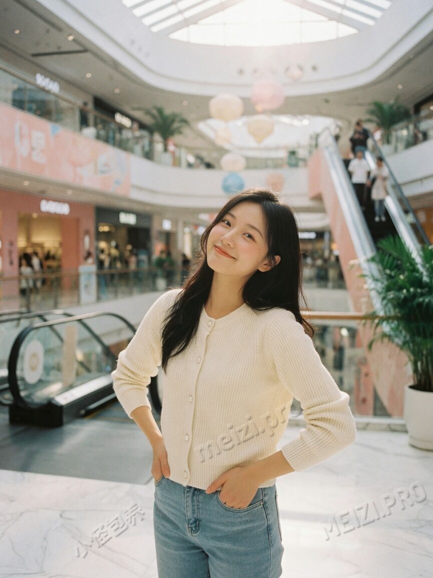 商场中庭甜美风格写真侧身浅笑