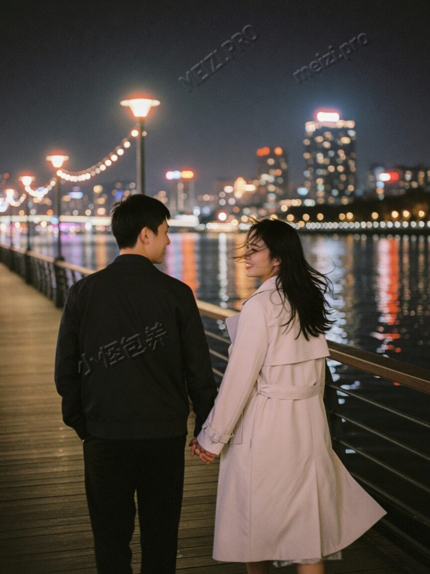 江边夜景牵手并肩